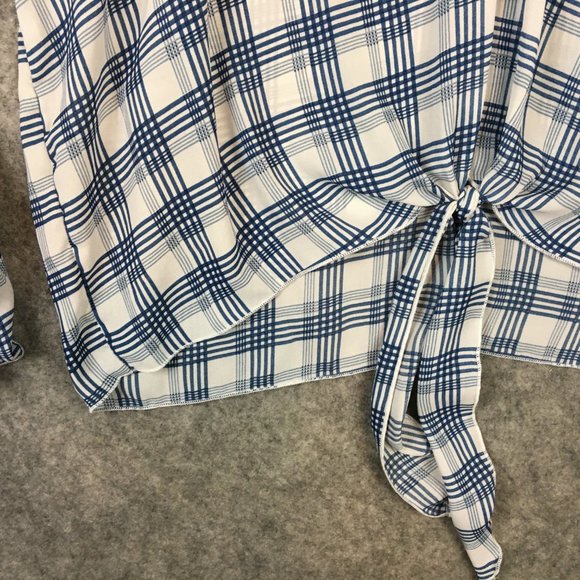Ashley Stewart Top 22 24 3X Blouse Tie Front Plaid Blue Boho V Neck Ruffle Cuff - Picture 2 of 10